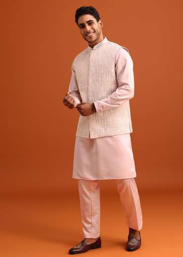 Peach Green Linen Silk Mirror Work Jacket Kurta Set