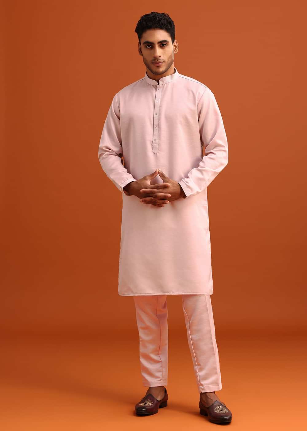 Peach Green Linen Silk Mirror Work Jacket Kurta Set