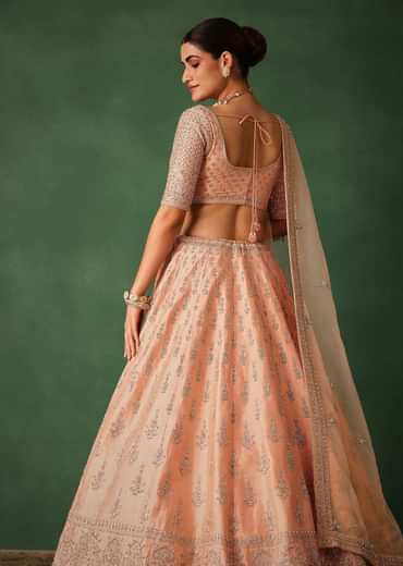 Peach Hand Embroidered Raw Silk Lehenga Set With Butti Work