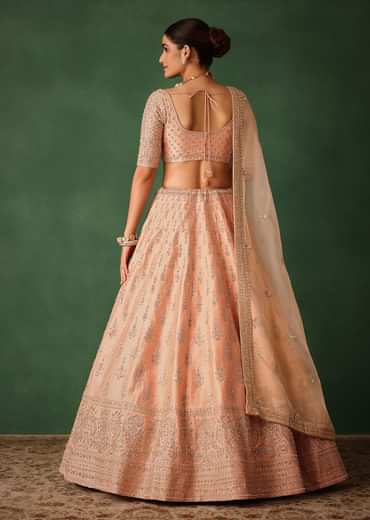 Peach Hand Embroidered Raw Silk Lehenga Set With Butti Work