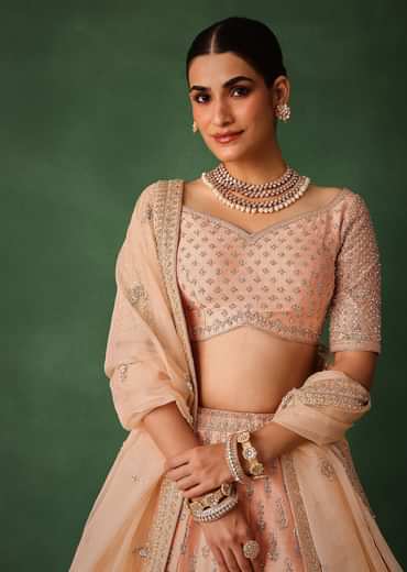 Peach Hand Embroidered Raw Silk Lehenga Set With Butti Work