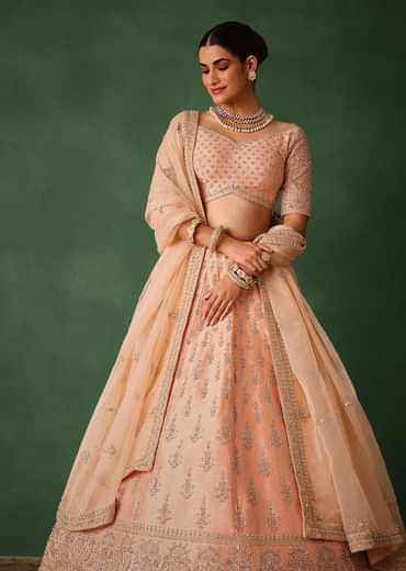 Peach Hand Embroidered Raw Silk Lehenga Set With Butti Work