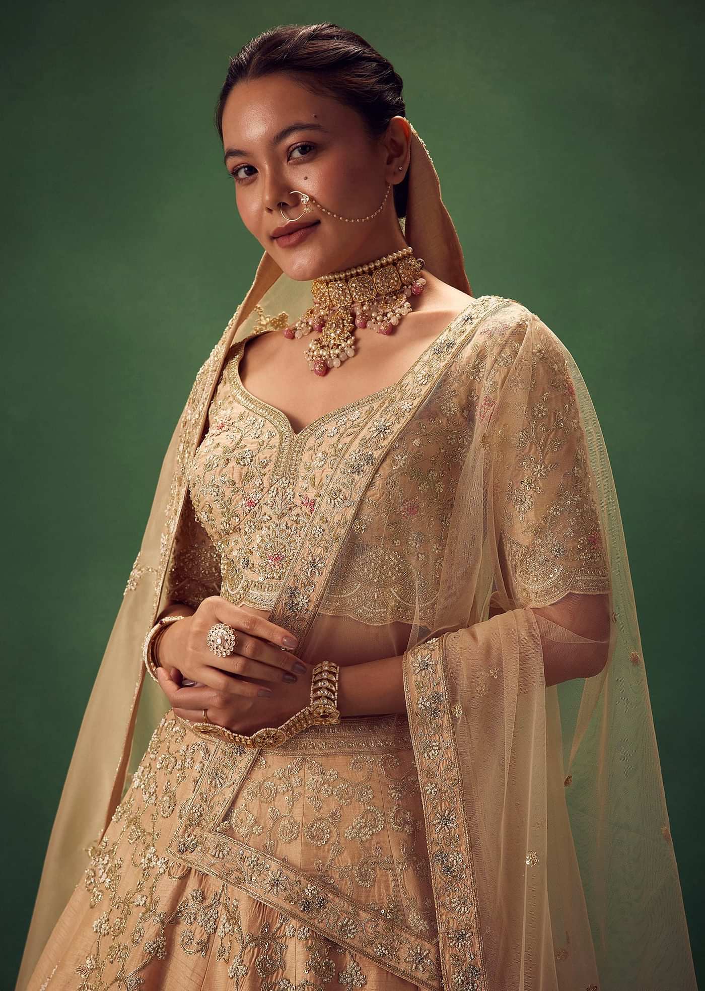 Peach Hand Embroidered Sequin And Zari Work Lehenga Set