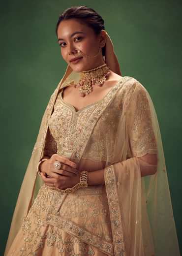 Peach Hand Embroidered Sequin And Zari Work Lehenga Set
