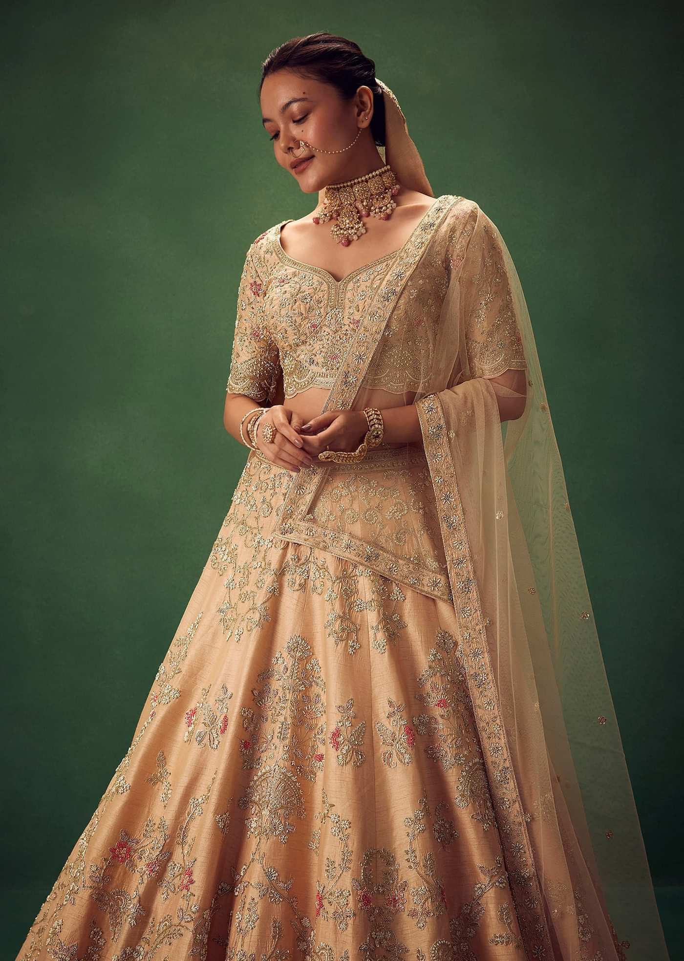 Peach Hand Embroidered Sequin And Zari Work Lehenga Set
