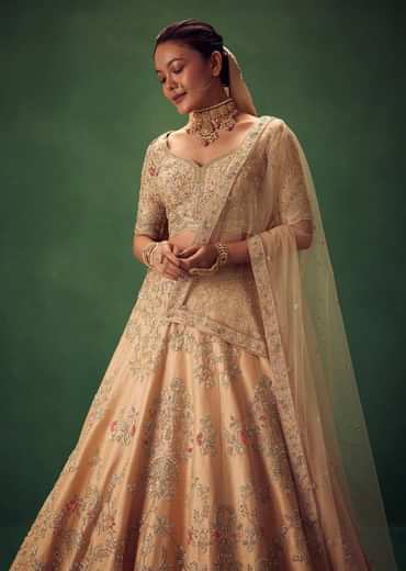 Peach Hand Embroidered Sequin And Zari Work Lehenga Set