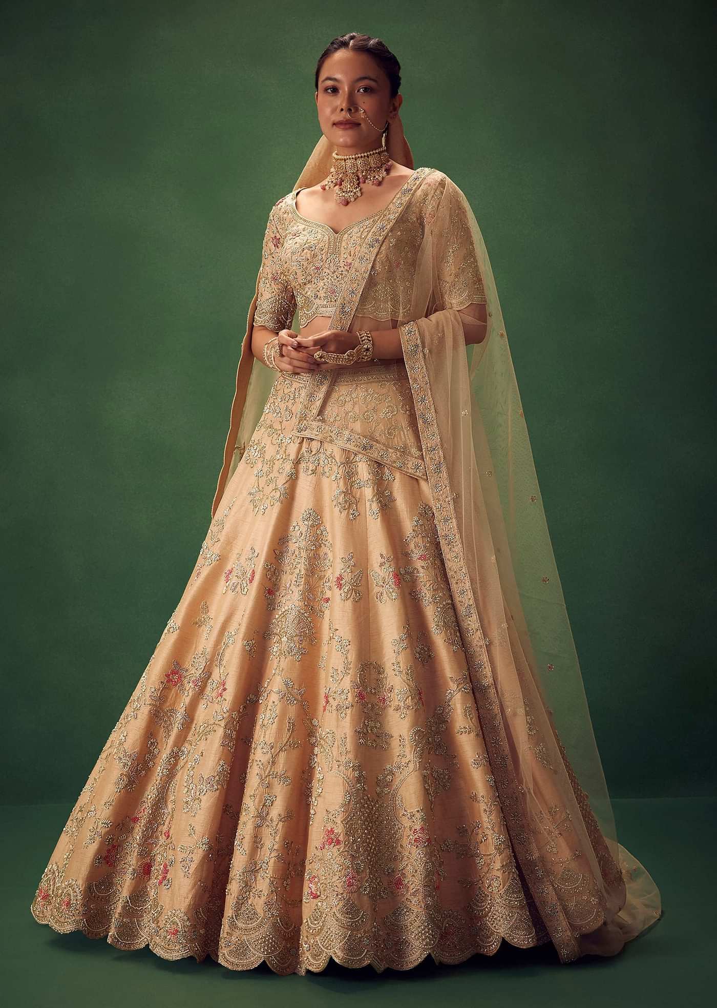 Peach Hand Embroidered Sequin And Zari Work Lehenga Set