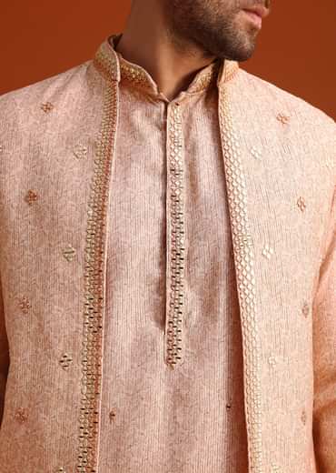 Peach Kurta And Jacket Set With Mirror Work