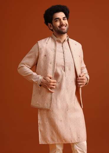 Peach Kurta And Jacket Set With Mirror Work