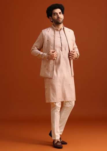 Peach Kurta And Jacket Set With Mirror Work