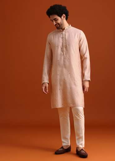 Peach Kurta And Jacket Set With Mirror Work