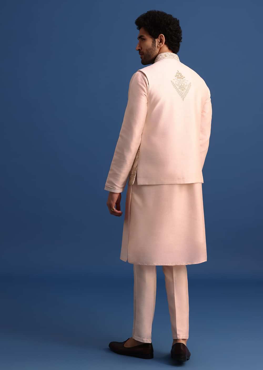 Peach Kurta Jacket Set With Zari Embroidery For Men