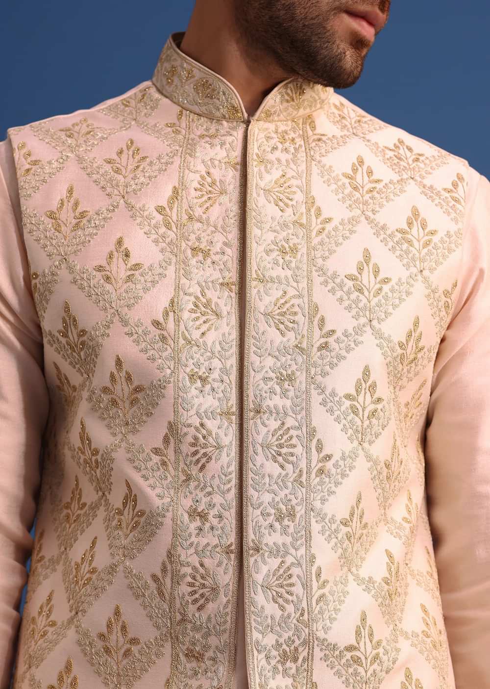 Peach Kurta Jacket Set With Zari Embroidery For Men