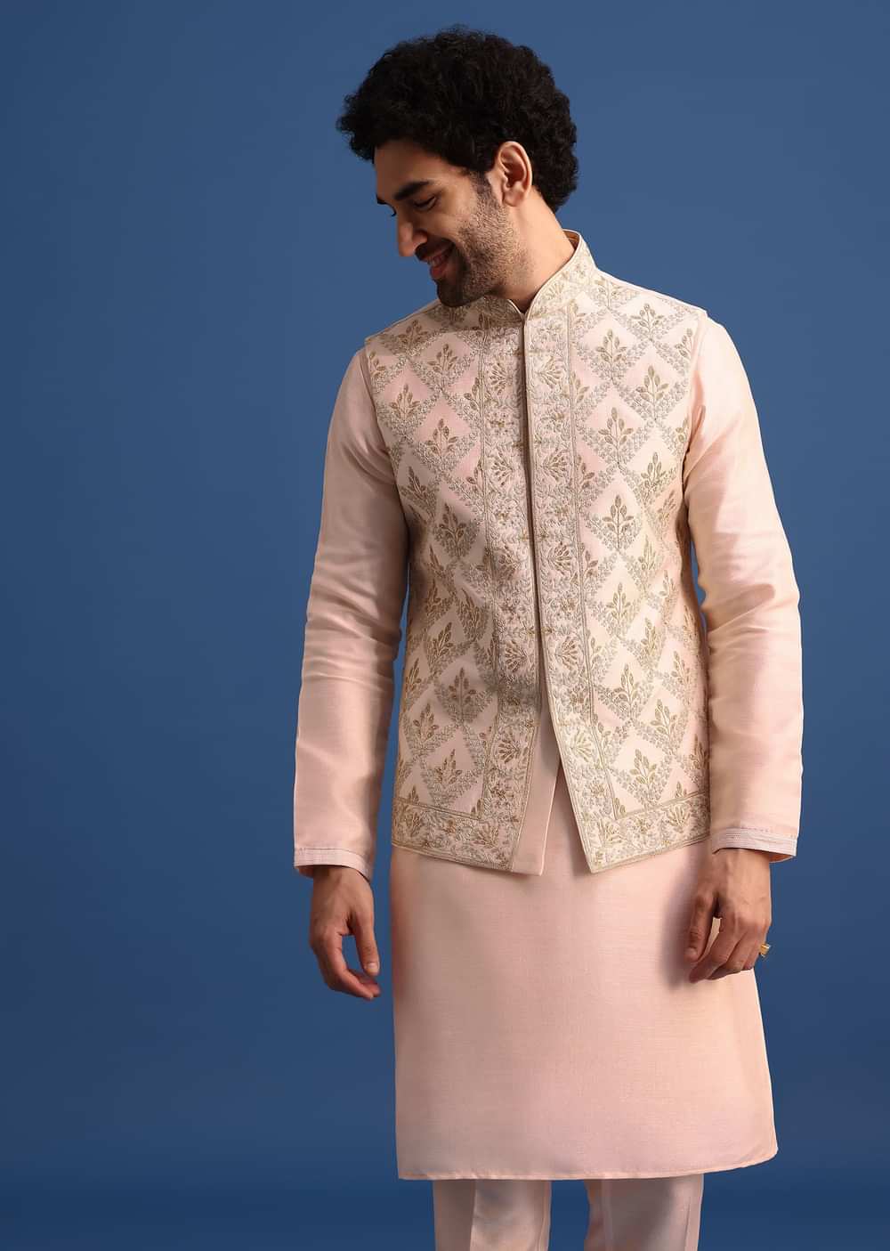 Peach Kurta Jacket Set With Zari Embroidery For Men