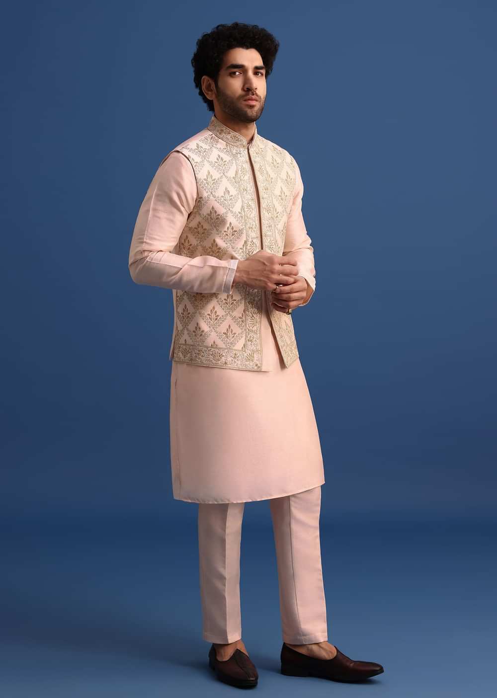 Peach Kurta Jacket Set With Zari Embroidery For Men