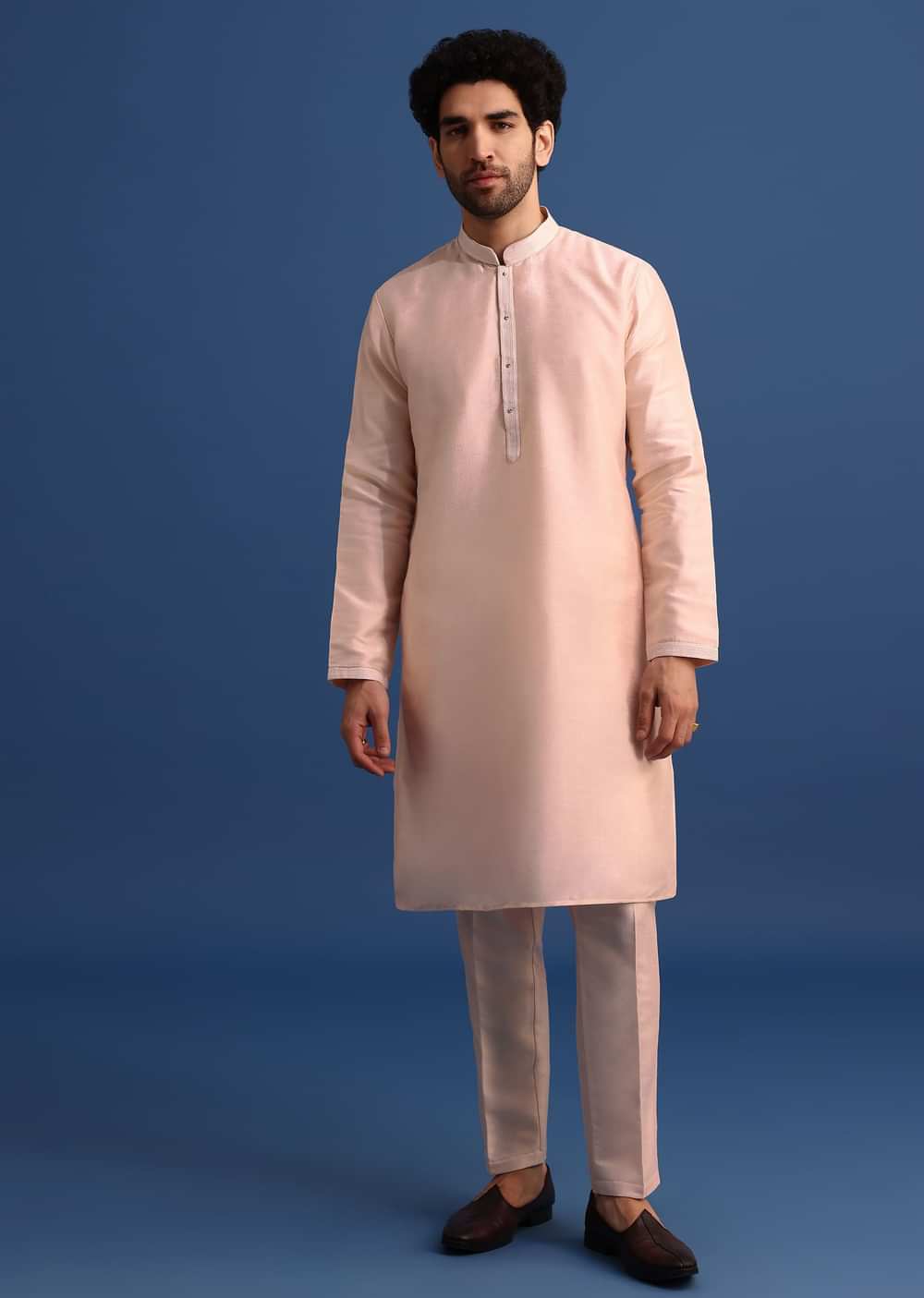Peach Kurta Jacket Set With Zari Embroidery For Men