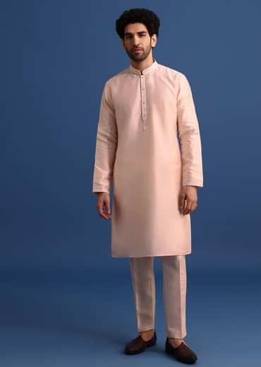 Peach Kurta Jacket Set With Zari Embroidery For Men