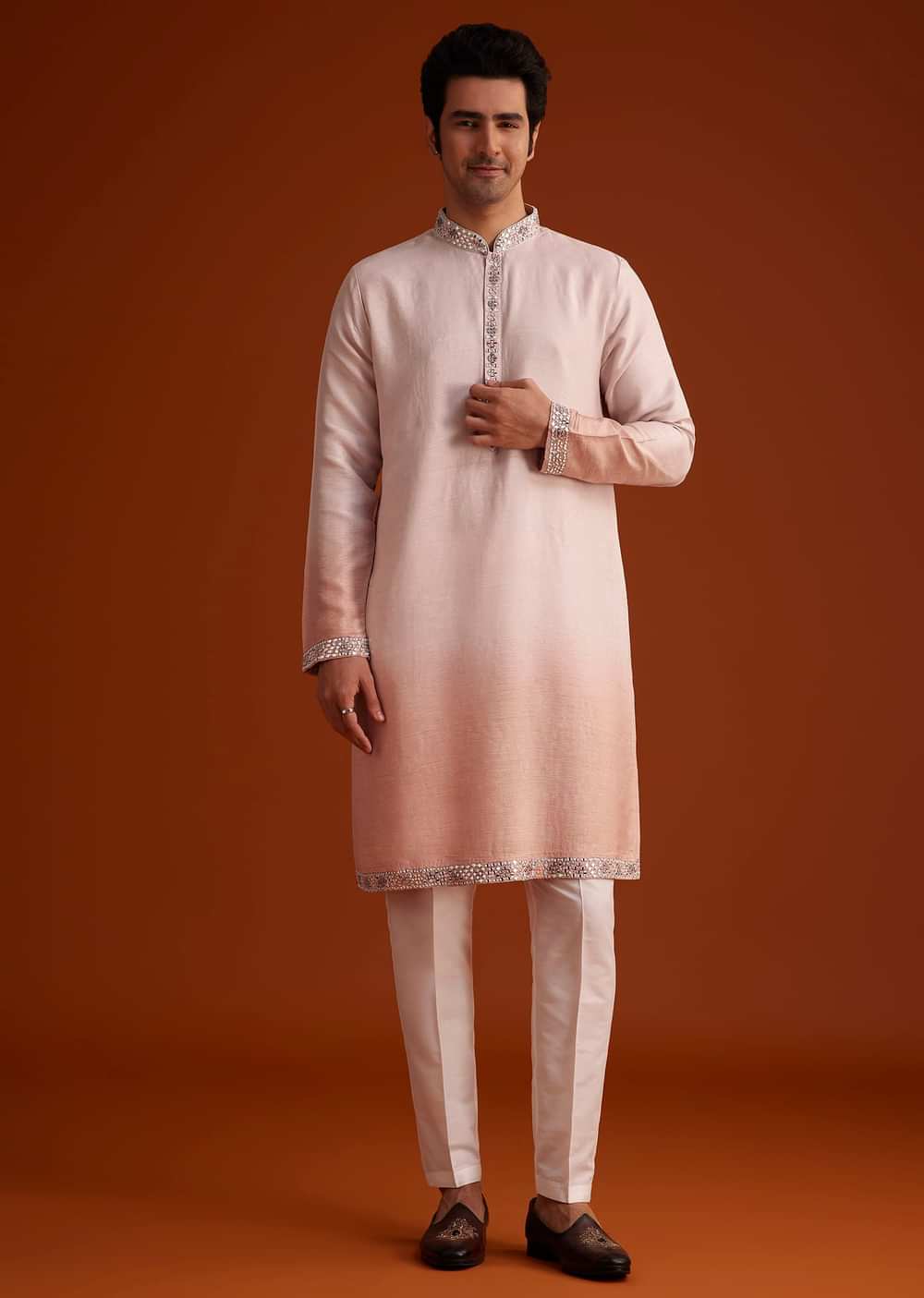 Peach Kurta Set With Embellished Nehru Jacket