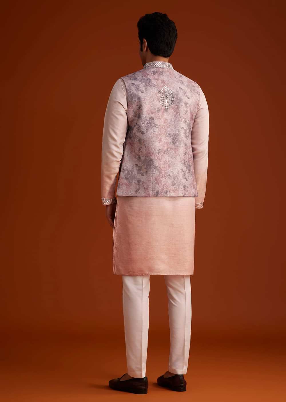 Peach Kurta Set With Embellished Nehru Jacket