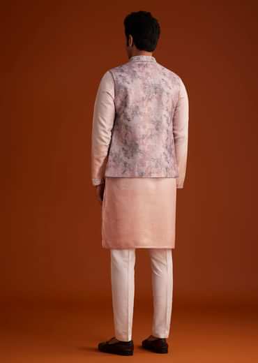 Peach Kurta Set With Embellished Nehru Jacket