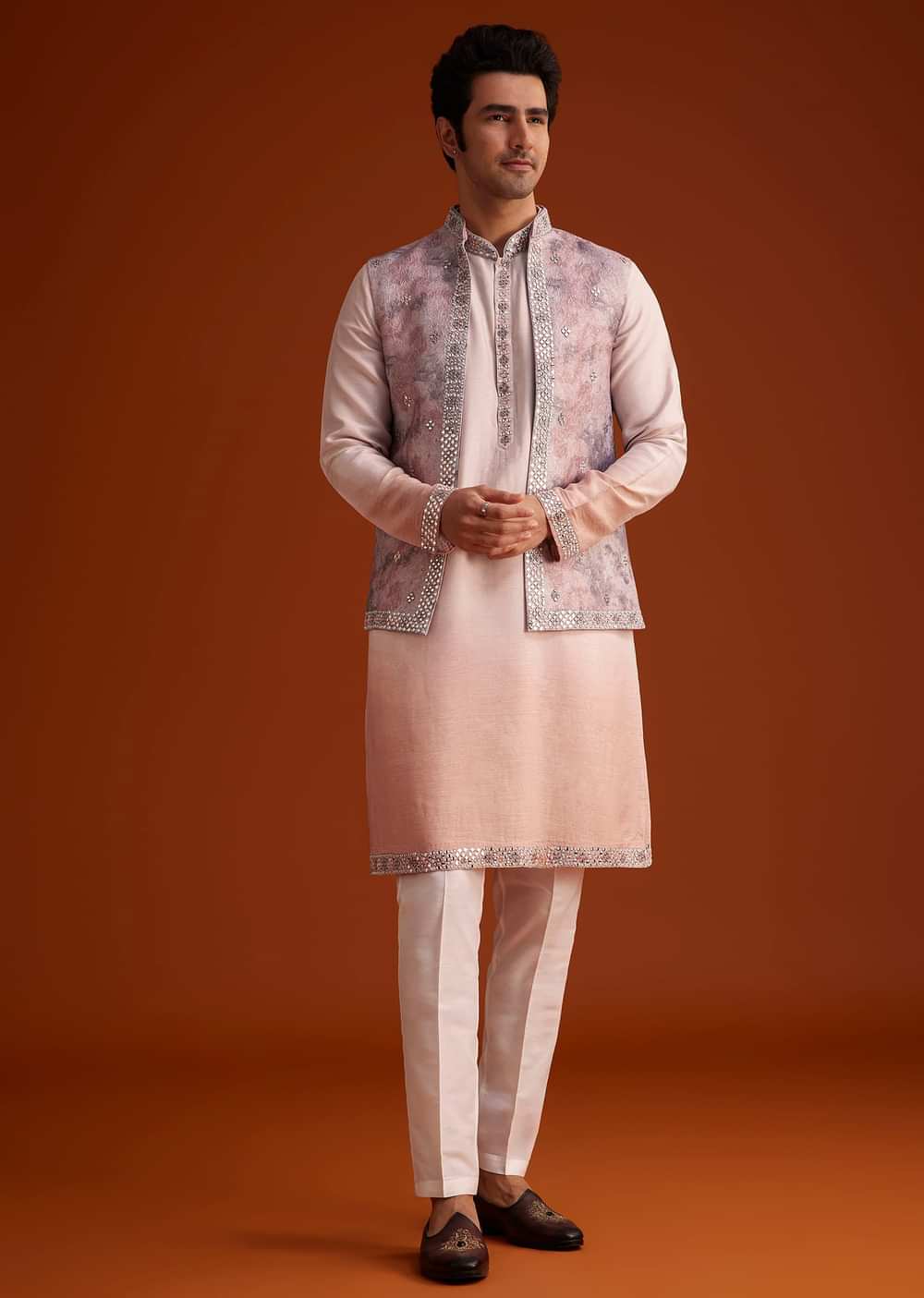Peach Kurta Set With Embellished Nehru Jacket