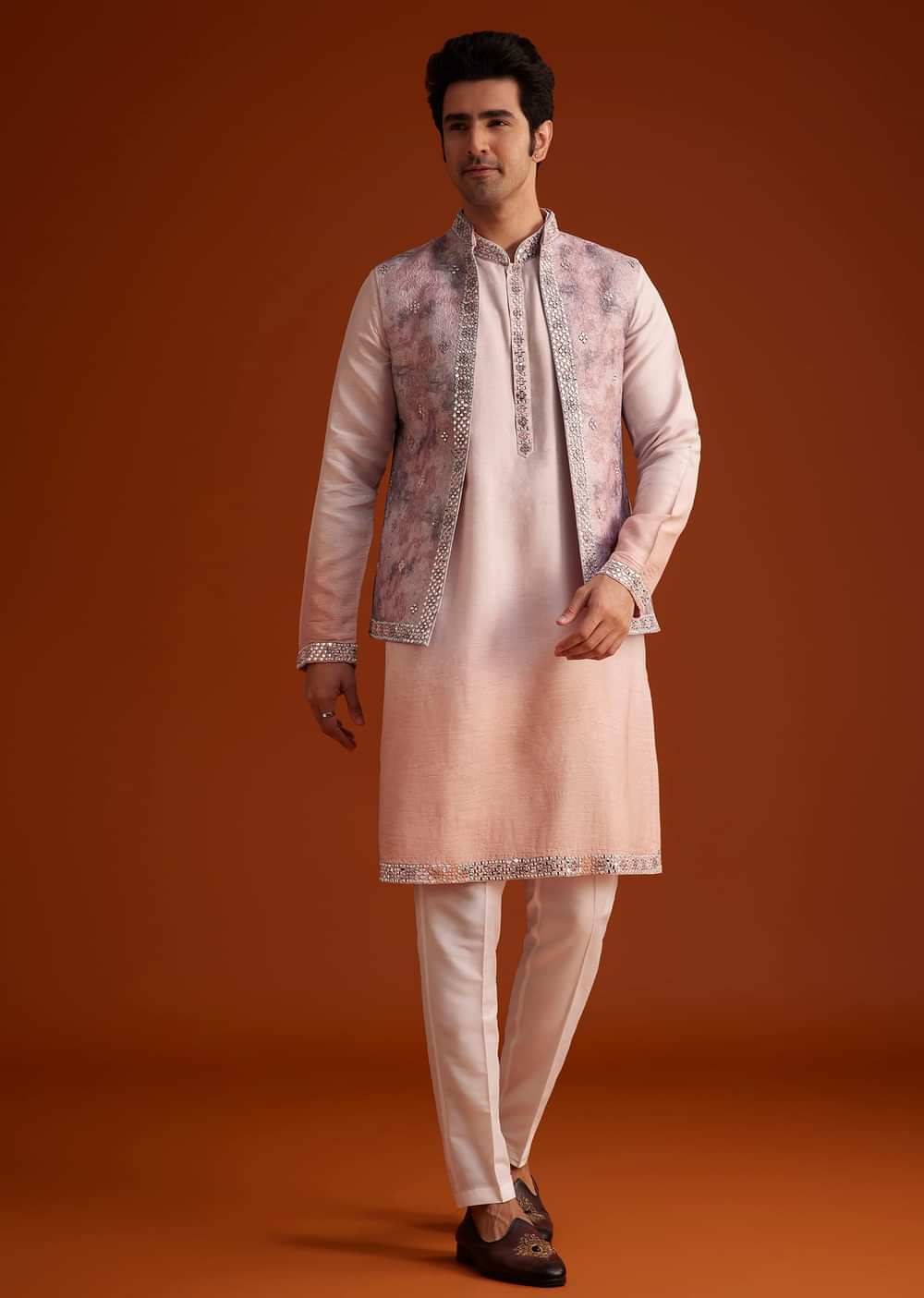 Peach Kurta Set With Embellished Nehru Jacket