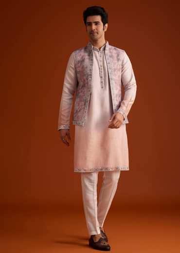 Peach Kurta Set With Embellished Nehru Jacket