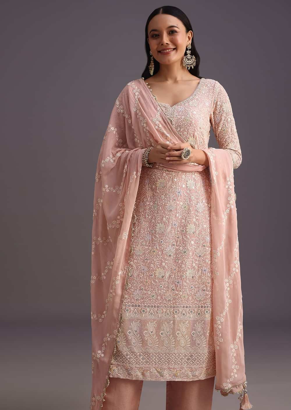 Peach Lucknowi Kurti With Resham Dupatta And Gotta Work Border