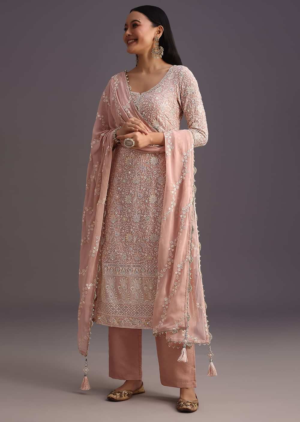 Peach Lucknowi Kurti With Resham Dupatta And Gotta Work Border