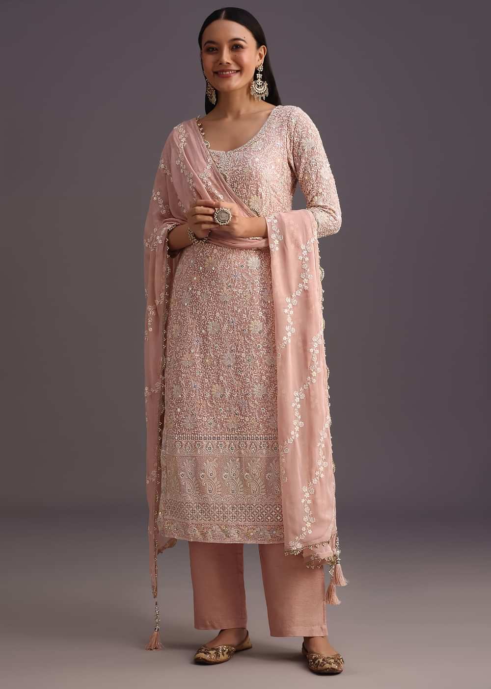 Peach Lucknowi Kurti With Resham Dupatta And Gotta Work Border