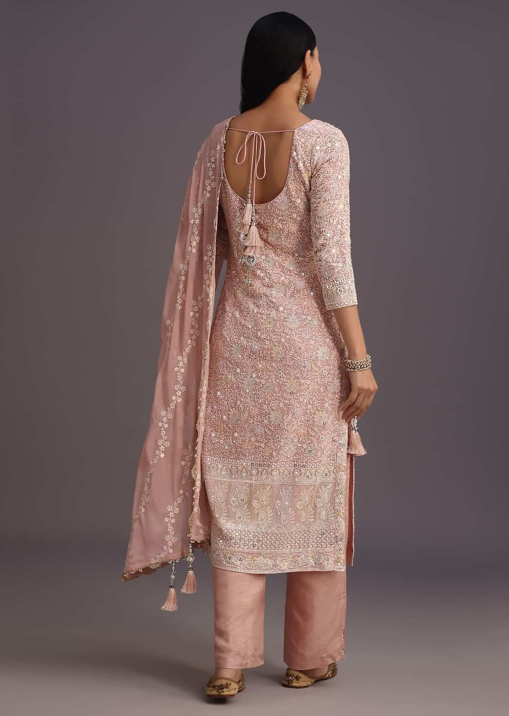 Peach Lucknowi Kurti With Resham Dupatta And Gotta Work Border