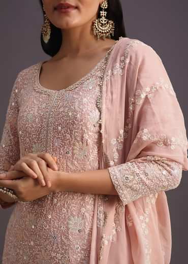 Peach Lucknowi Kurti With Resham Dupatta And Gotta Work Border