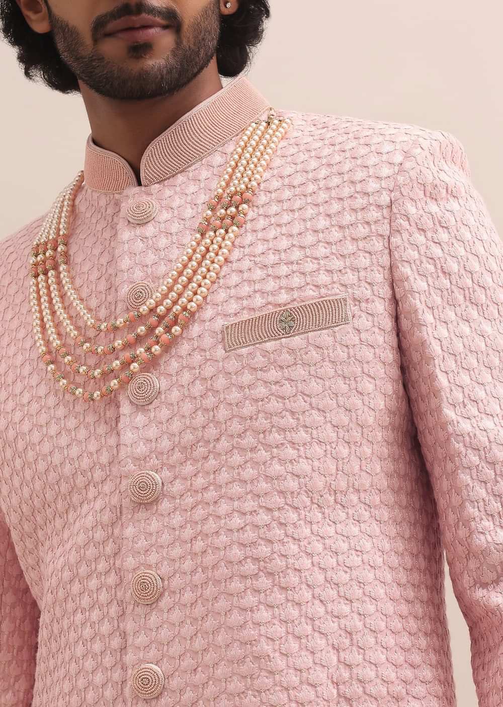 Peach Lucknowi Sherwani In Silk For Men