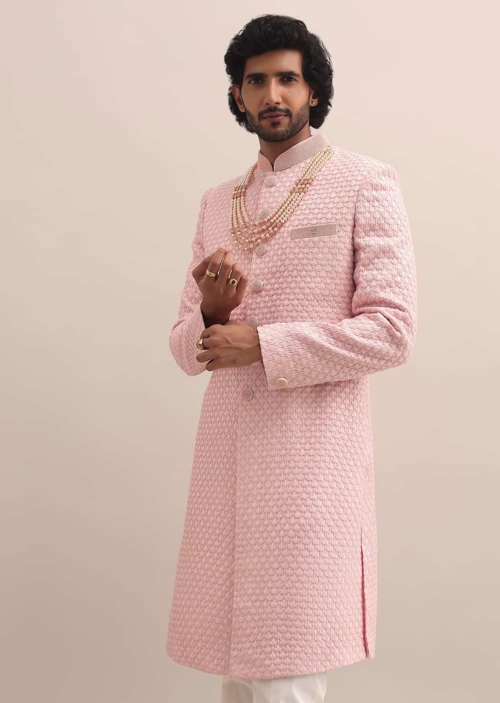 Peach Lucknowi Sherwani In Silk For Men