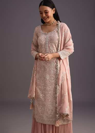 Peach Lucknowi Work Kurta Set With Flared Palazzo And Resham Dupatta