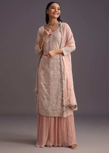 Peach Lucknowi Work Kurta Set With Flared Palazzo And Resham Dupatta