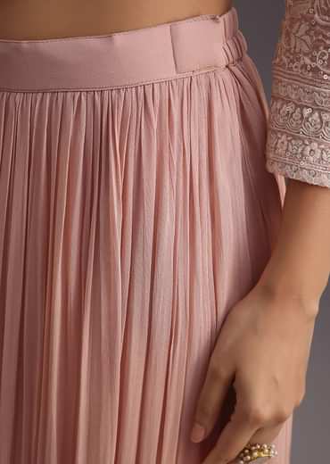 Peach Lucknowi Work Kurta Set With Flared Palazzo And Resham Dupatta