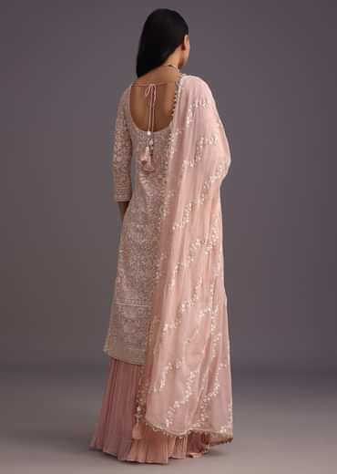 Peach Lucknowi Work Kurta Set With Flared Palazzo And Resham Dupatta