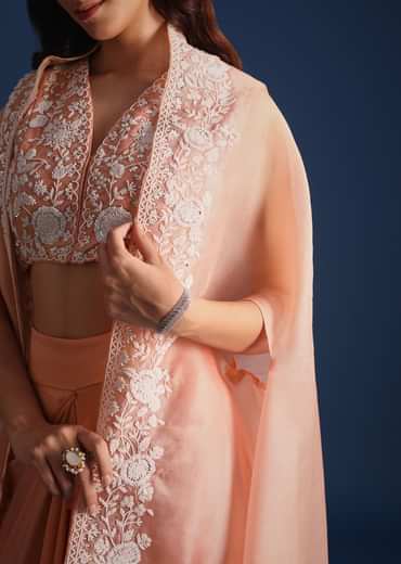 Peach Moti Work Jacket With Skirt And Crop Top