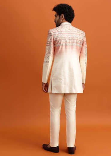 Peach Ombre Indowestern Set With Foil Work For Men