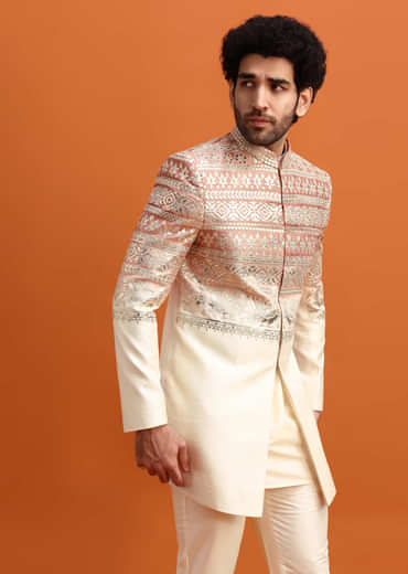Peach Ombre Indowestern Set With Foil Work For Men