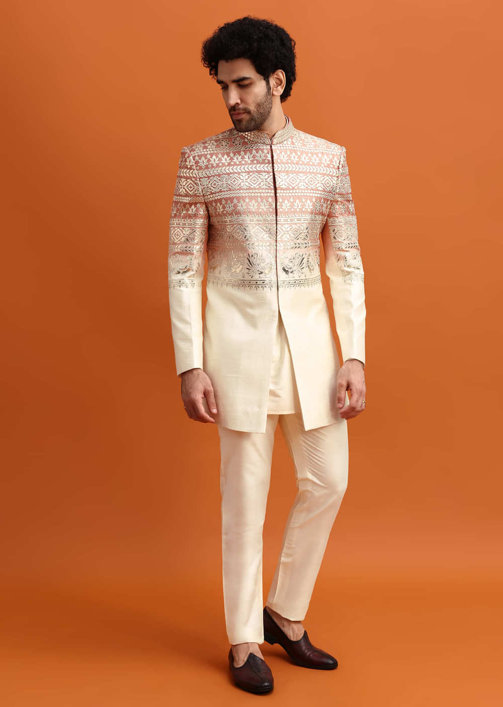 Peach Ombre Indowestern Set With Foil Work For Men