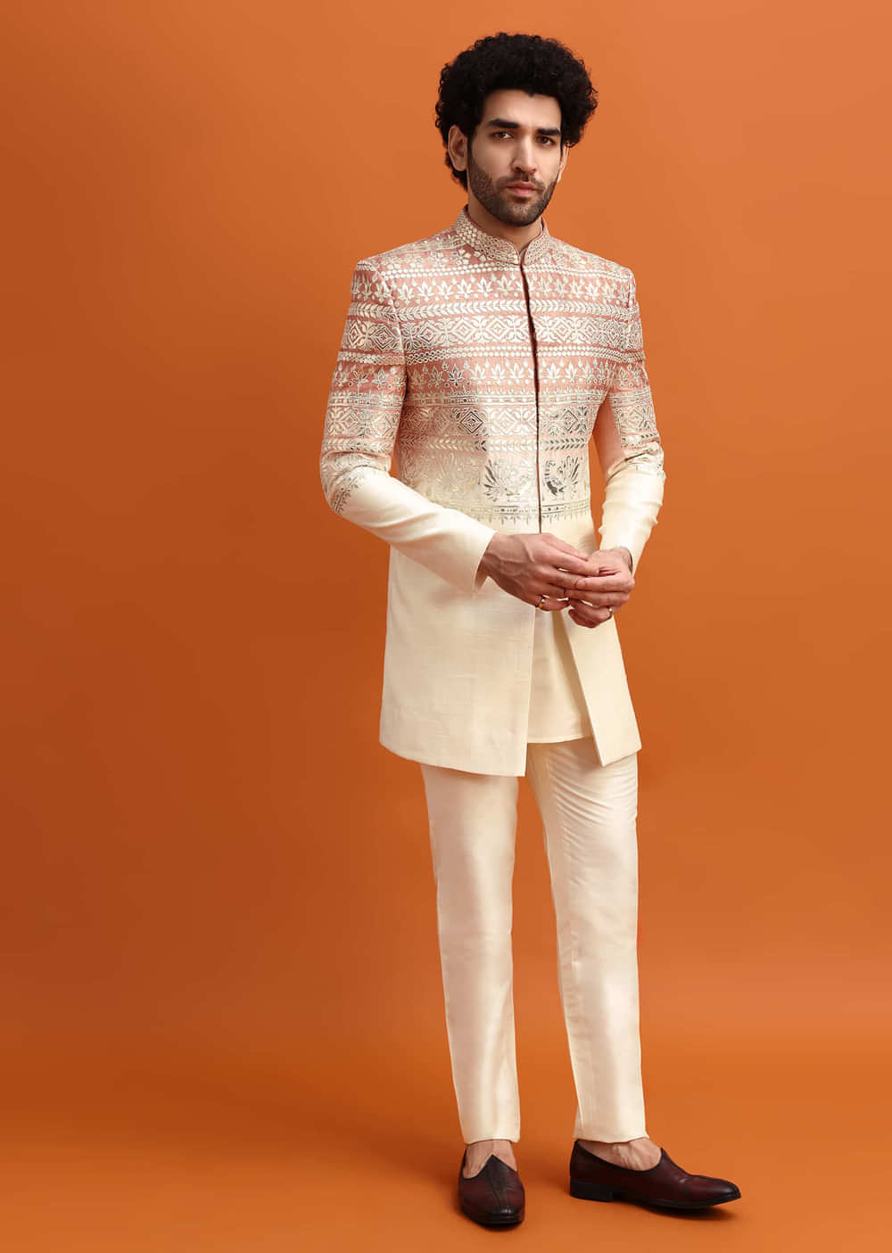 Peach Ombre Indowestern Set With Foil Work For Men