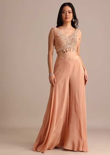 Peach Organza Crop Top Suit With Embroidered Jacket