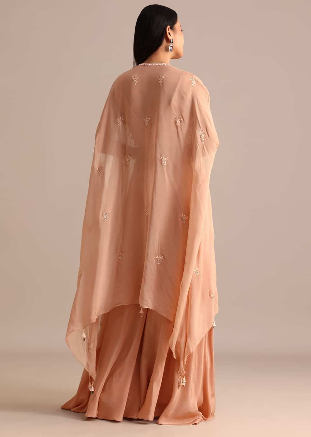 Peach Organza Crop Top Suit With Embroidered Jacket