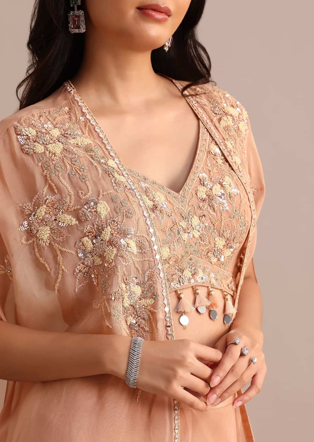 Peach Organza Crop Top Suit With Embroidered Jacket