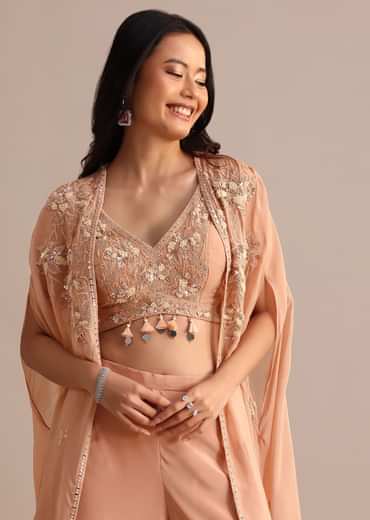 Peach Organza Crop Top Suit With Embroidered Jacket