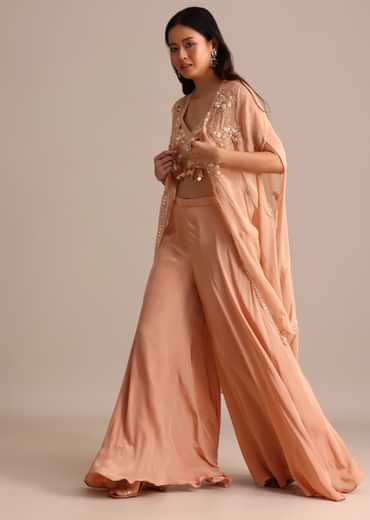 Peach Organza Crop Top Suit With Embroidered Jacket