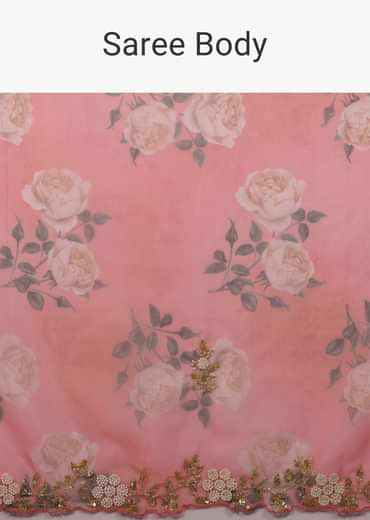 Peach Pink Floral Printed Saree In Organza With Cut Dana Butti All Over