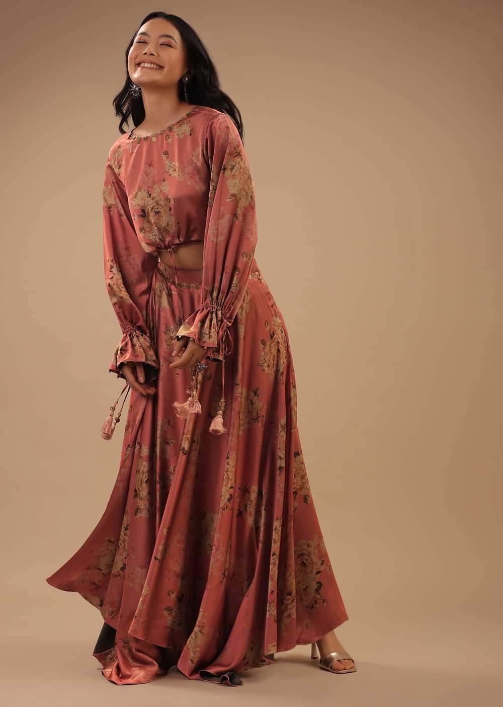 Peach Pink Satin Blouse And Skirt With Floral Print, Peasant Sleeves And High Low Hemline